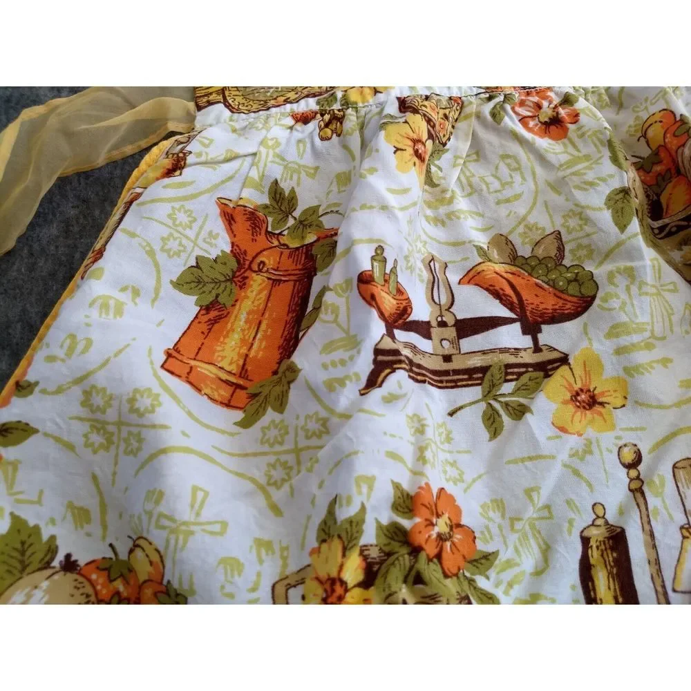 VTG HALF APRON Cotton Sheer Reversible Mod Classic 70s Orange Green Yellow Brown